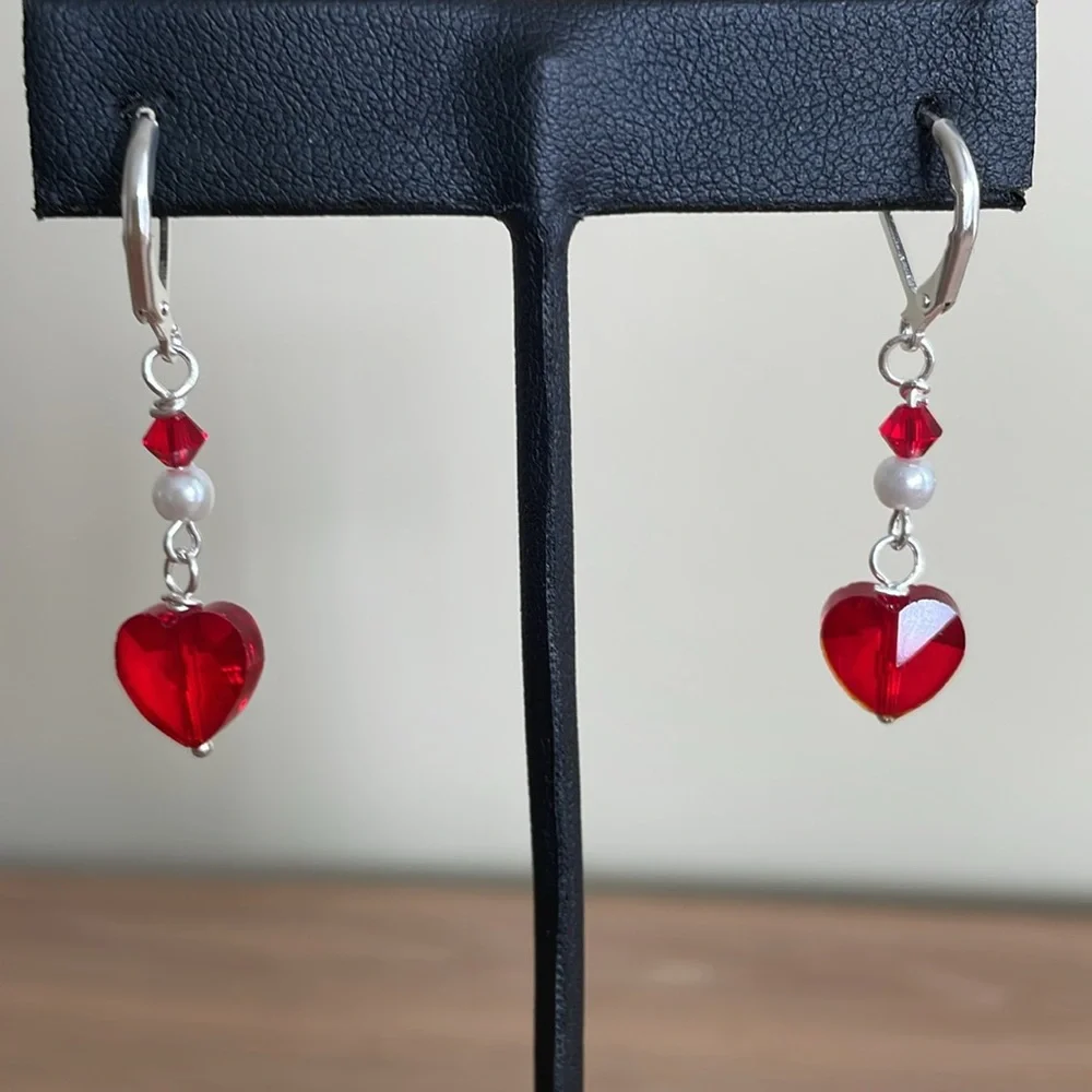 HAND CRAFTED RED HEARTS & WHITE PEARLS EARRINGS